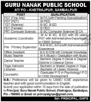 Private school teaching jobs in Odisha