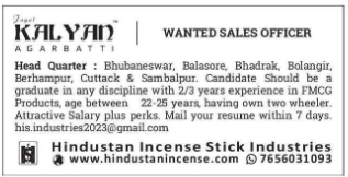 Sales Officer Recruitment at Kalyan Agarbati Odisha