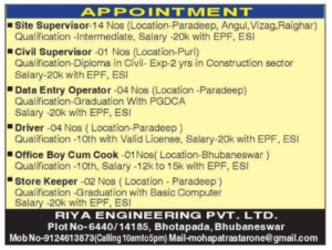 Recruitment at Riya Engineering Bhubaneswar 2026